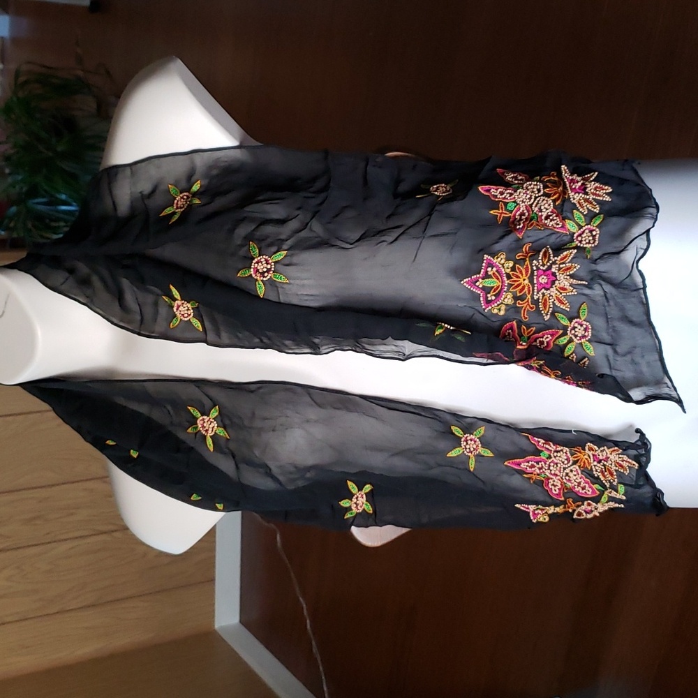 Sheer black embroidered rectangle scarf with beading